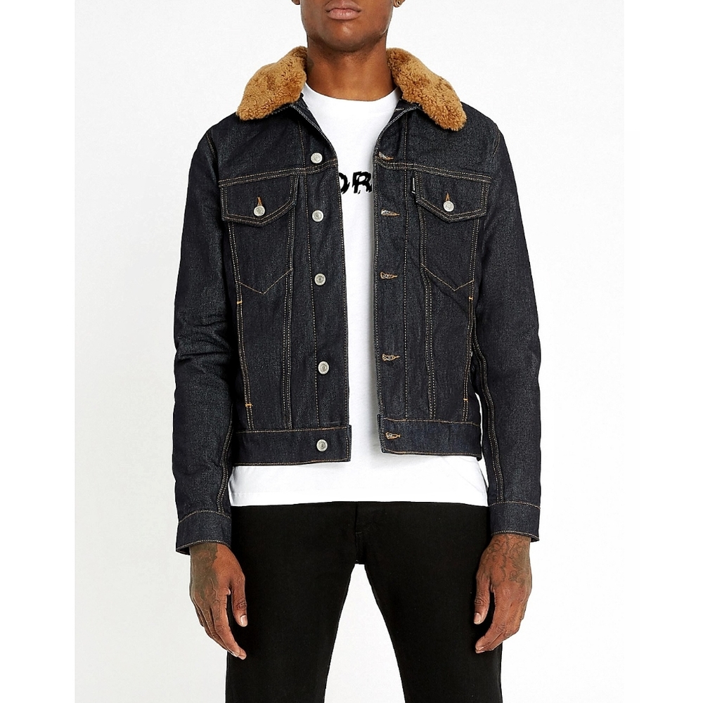 Sandro Quilted Shearling Collar Denim Trucker Jacket